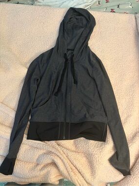 Charcoal Gray Zip-Up Hooded Jacket with Black Hem